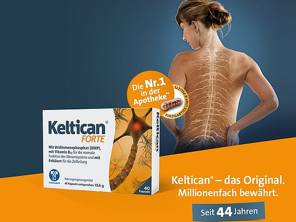 Im Vordergrund wirbt eine Schachtel Keltican Forte für die Unterstützung von Wirbelsäulen- und Nervengesundheit, im Hintergrund ist eine Frau mit einer schematischen Wirbelsäulen-Illustration auf dem Rücken zu sehen.